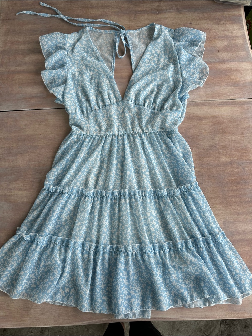 Italian blue/white flowy Floral Ruffle Tiered Mini Dress